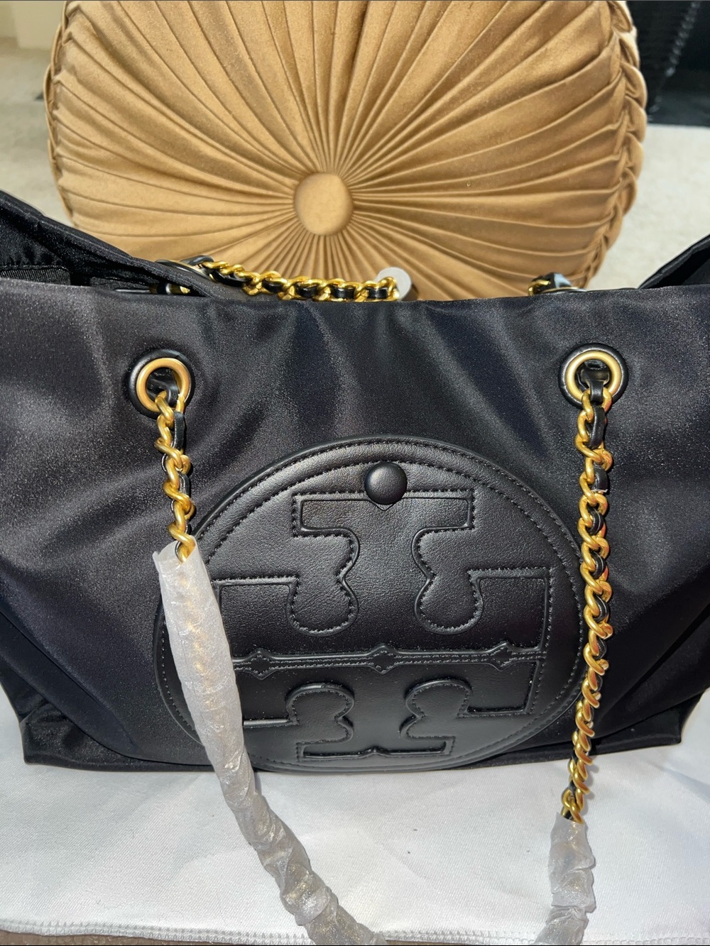 Black Nylon Fleming Tote with Gold Chain